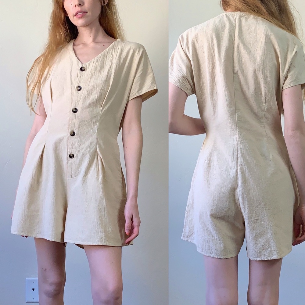 Beige Button-Front Jumpsuit